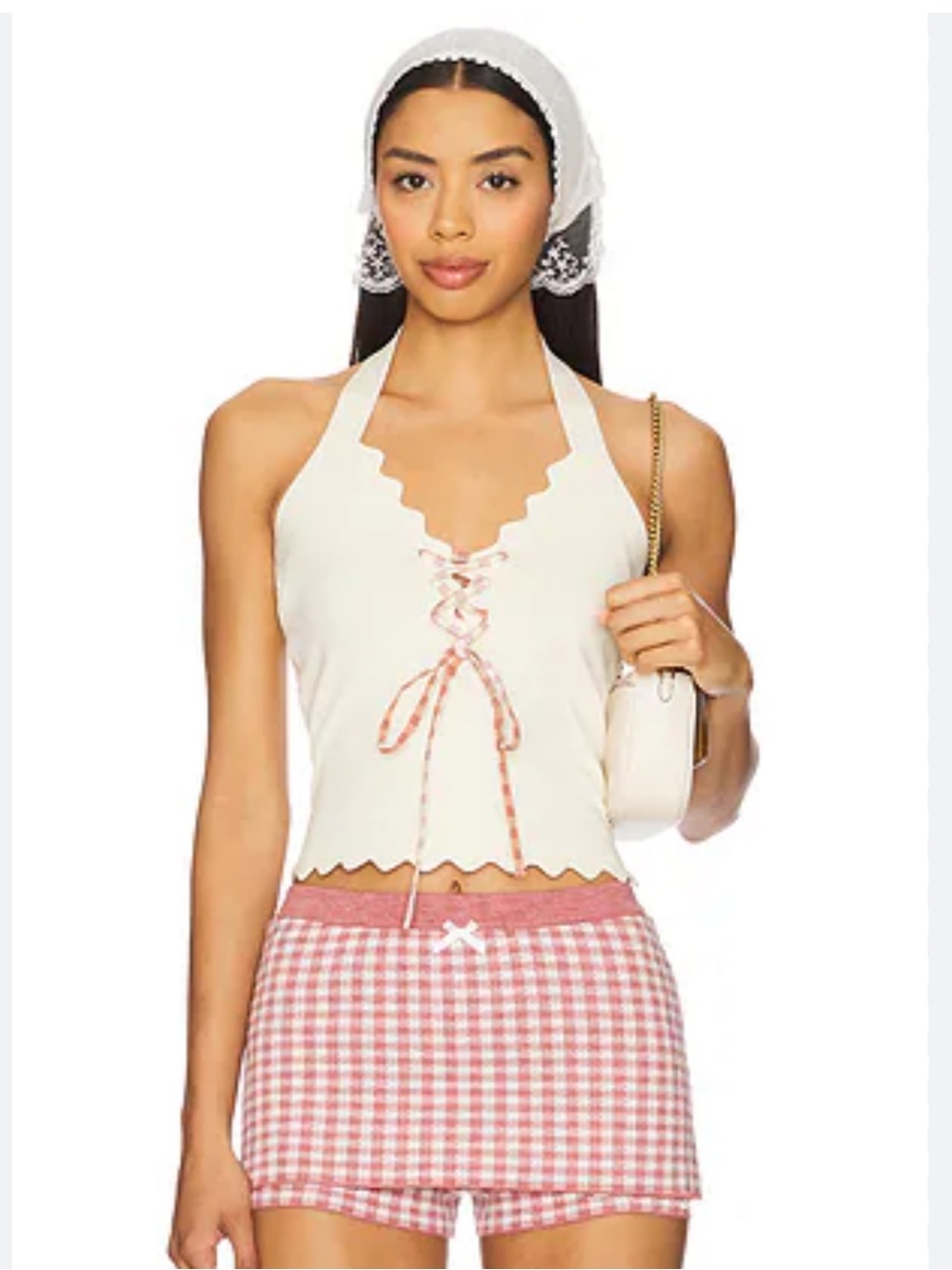 🆕 For Love & Lemons Sisi Scalloped Knit Lace-Up Halter Top
